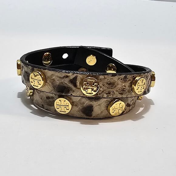 Tory Burch Snakeskin Black & Brown Leather Logo Studded Double Wrap Bracelet - Picture 1 of 6